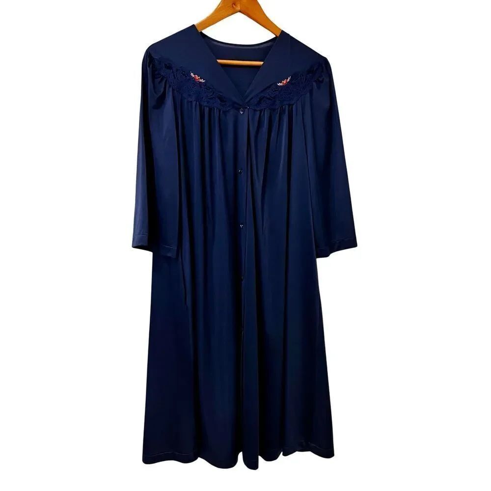 Shadowline Robe Navy Peignoir Lingerie Nylon Lace Size L Pink Roses Button Front